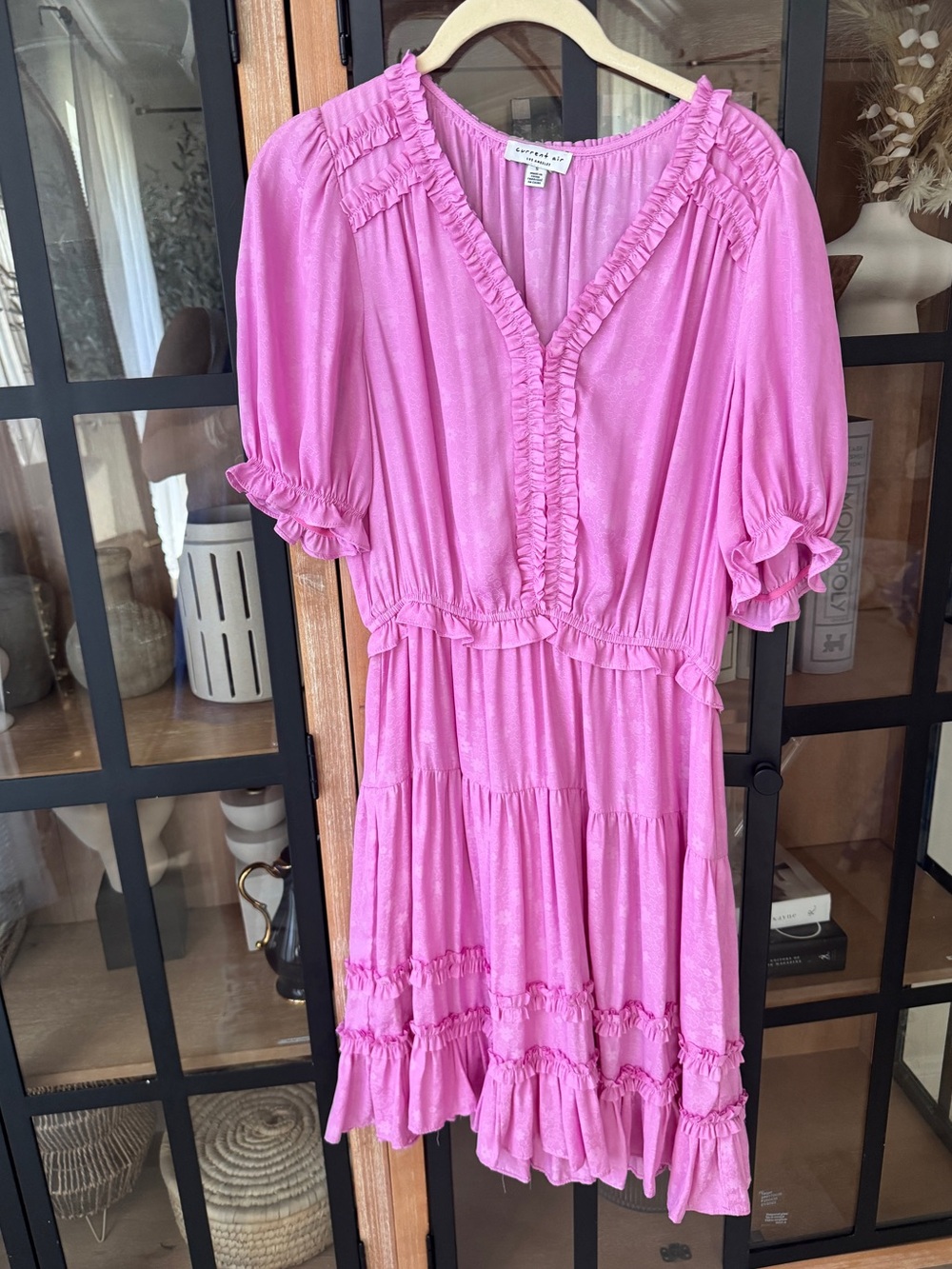 Current Air Gigi mini dress orchid short puff sleeves ruffle textured floral